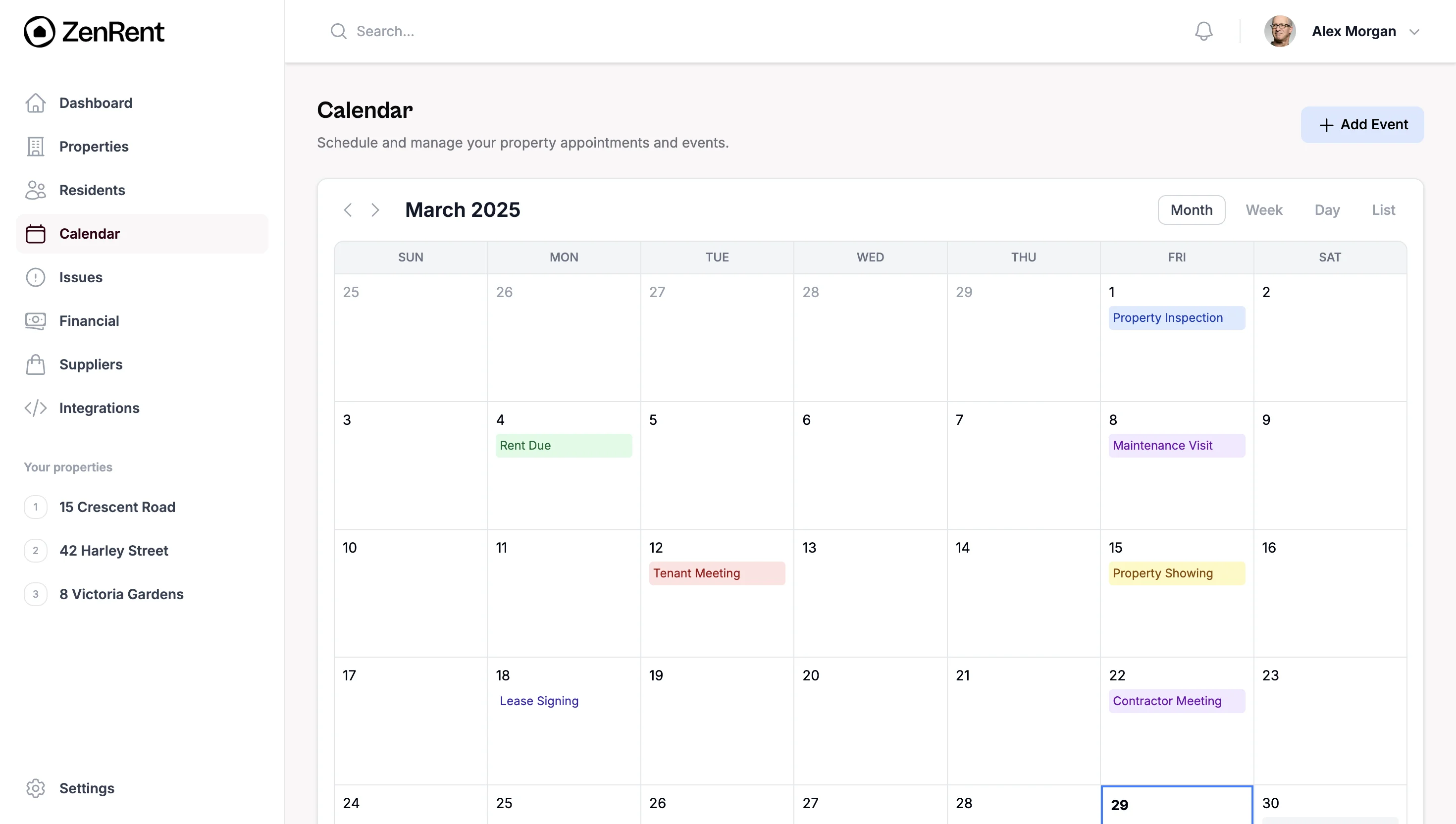ZenRent calendar showing property and landlord compliance deadlines